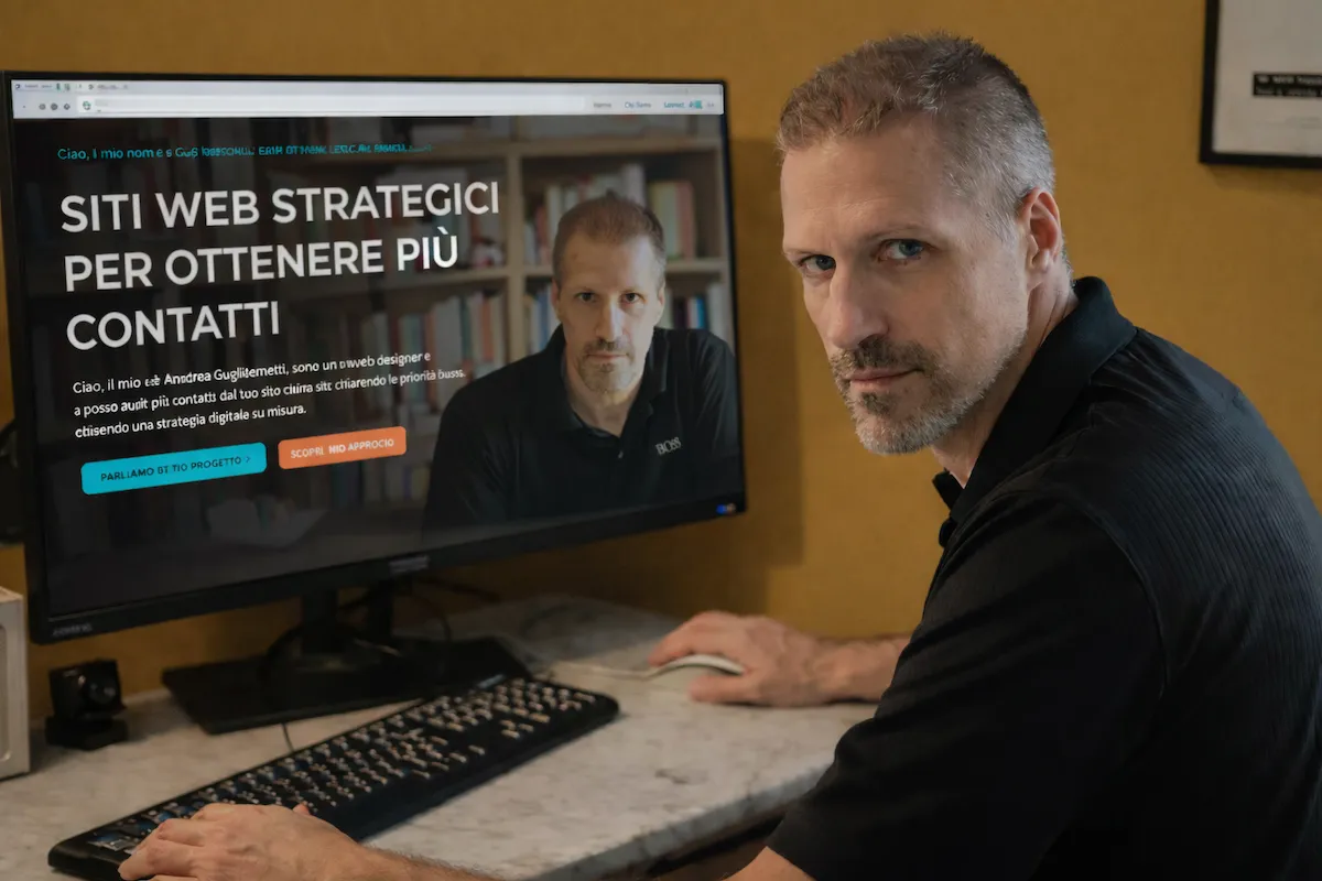 Andrea Guglielmetti al lavoro su un sito web professionale progettato per essere veloce, chiaro e orientato ai contatti